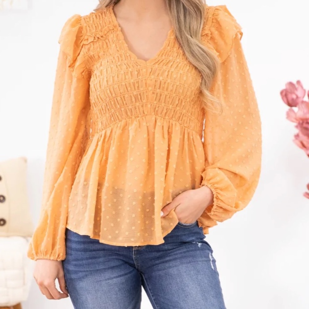 [Hailey & Co.] NWT Peach Smocked Bodice Swiss Dot Long Sleeve Top
